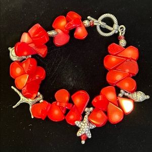 GENUINE RED CORAL BRACELET WITH FINE SILVER SHELLS AND TOGGLE IS NWT